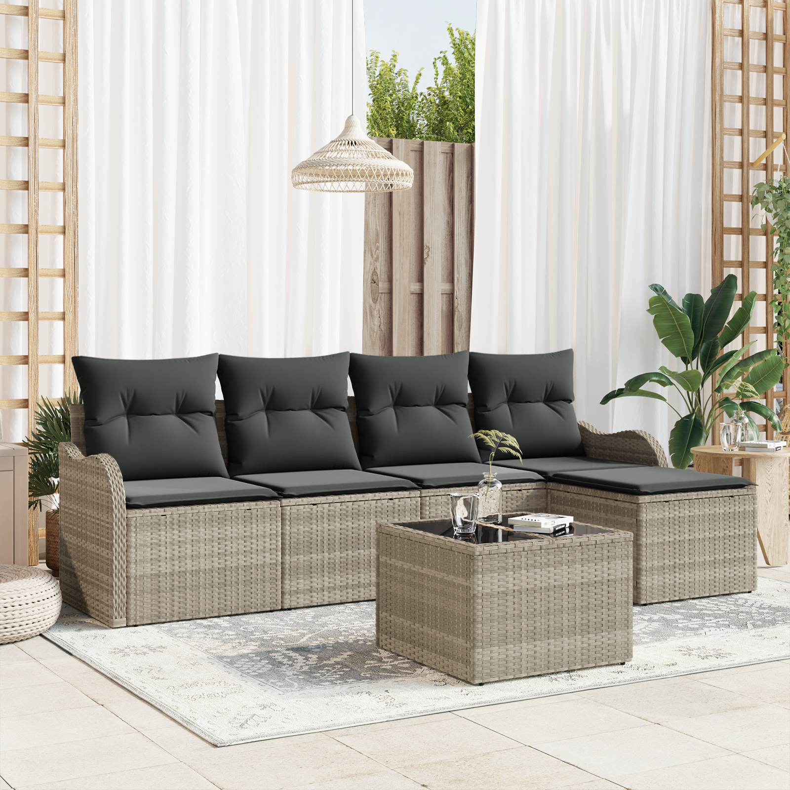 Set Divano da Giardino  6 pezzi con Cuscini Grigio Polyrattan