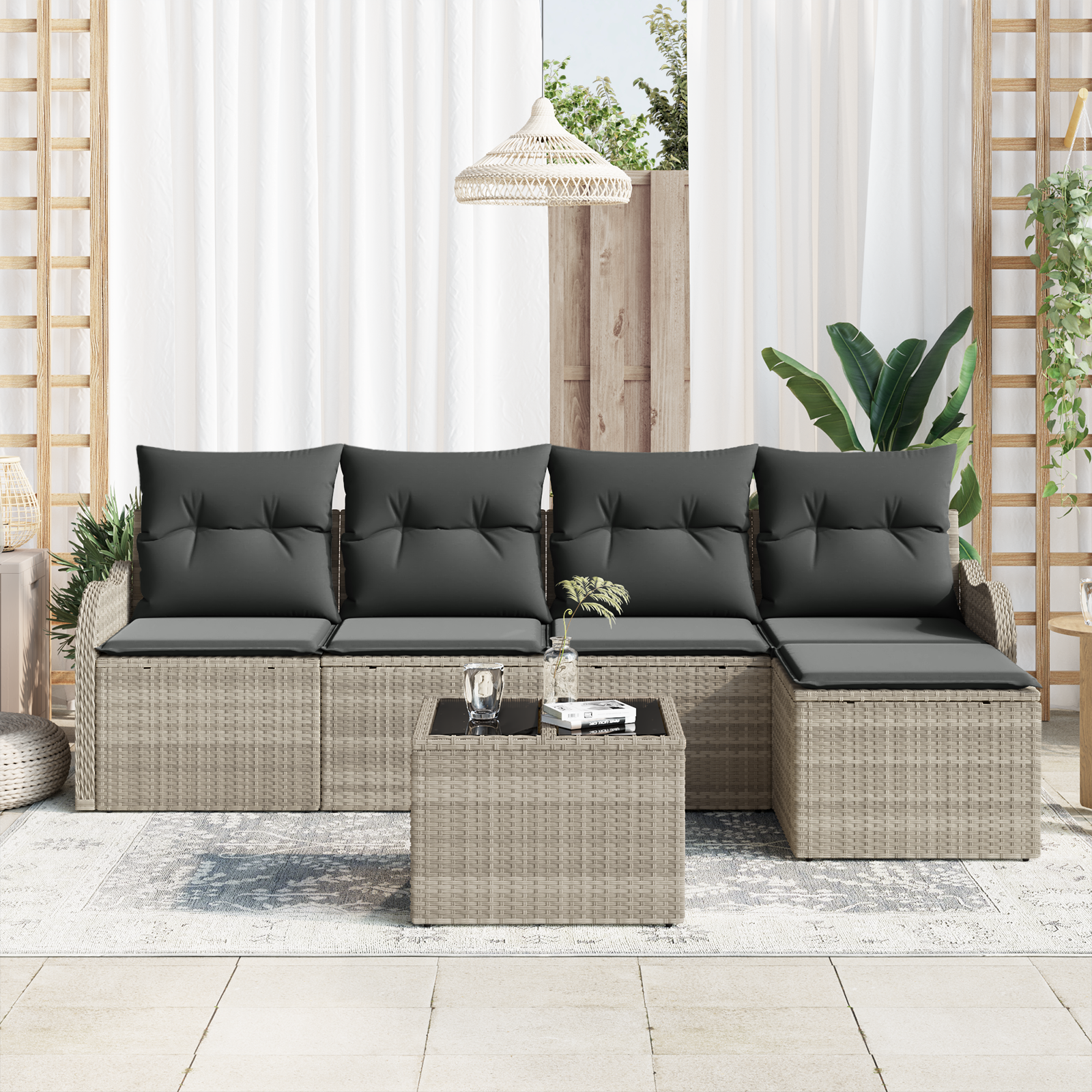 Set Divano da Giardino  6 pezzi con Cuscini Grigio Polyrattan