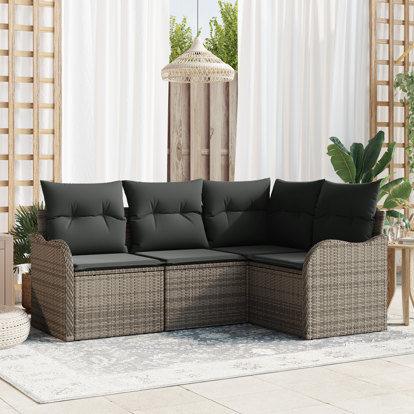 Set Divano da Giardino  4 Pezzi con Cuscini Grigio Polyrattan