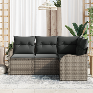 Set Divano da Giardino  4 Pezzi con Cuscini Grigio Polyrattan