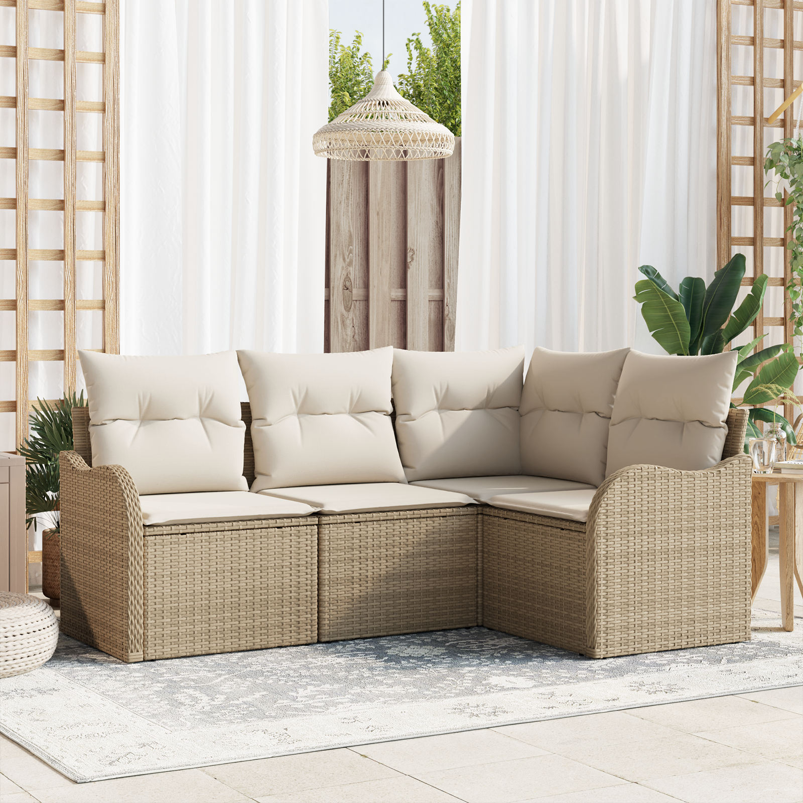 Set di Divano da Giardino 4 Pezzi con Cuscini Beige Polyrattan