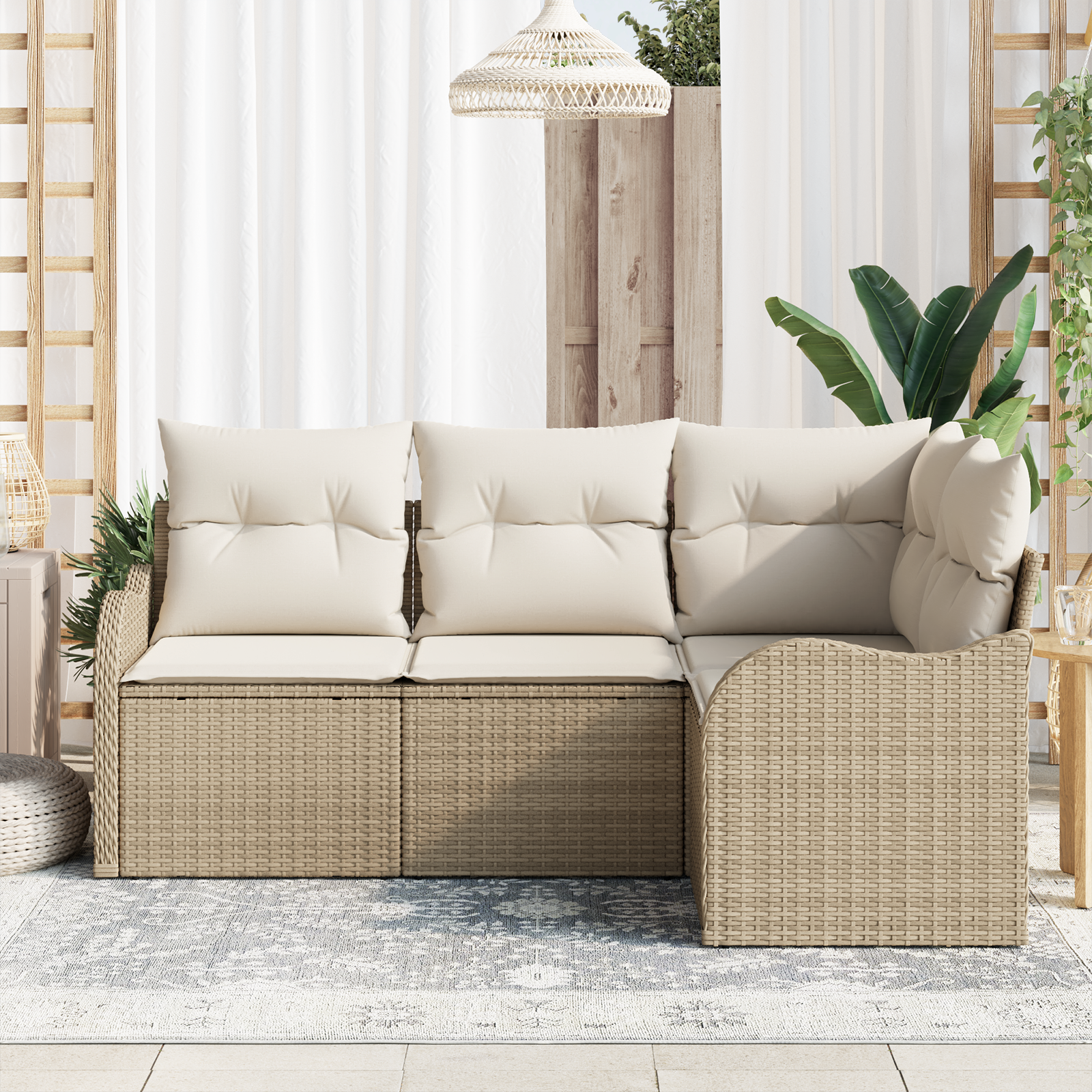 Set di Divano da Giardino 4 Pezzi con Cuscini Beige Polyrattan