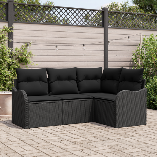 Set di divano da giardino 4 pezzi con cuscini polirattan nero