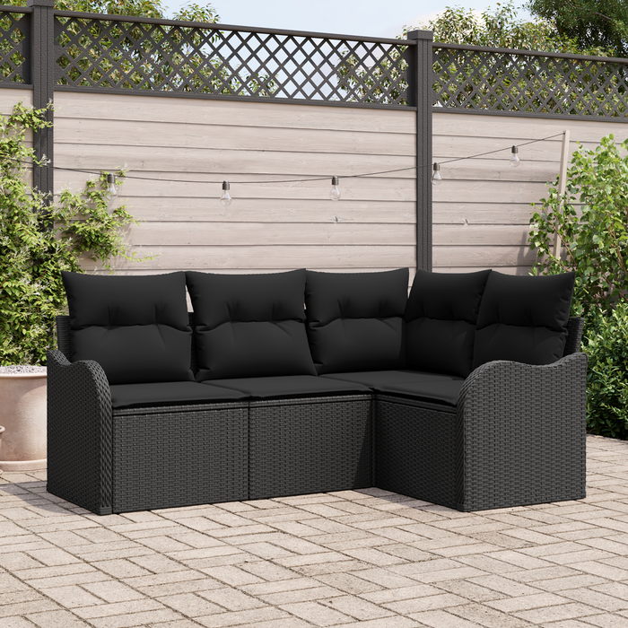 Set di divano da giardino 4 pezzi con cuscini polirattan nero