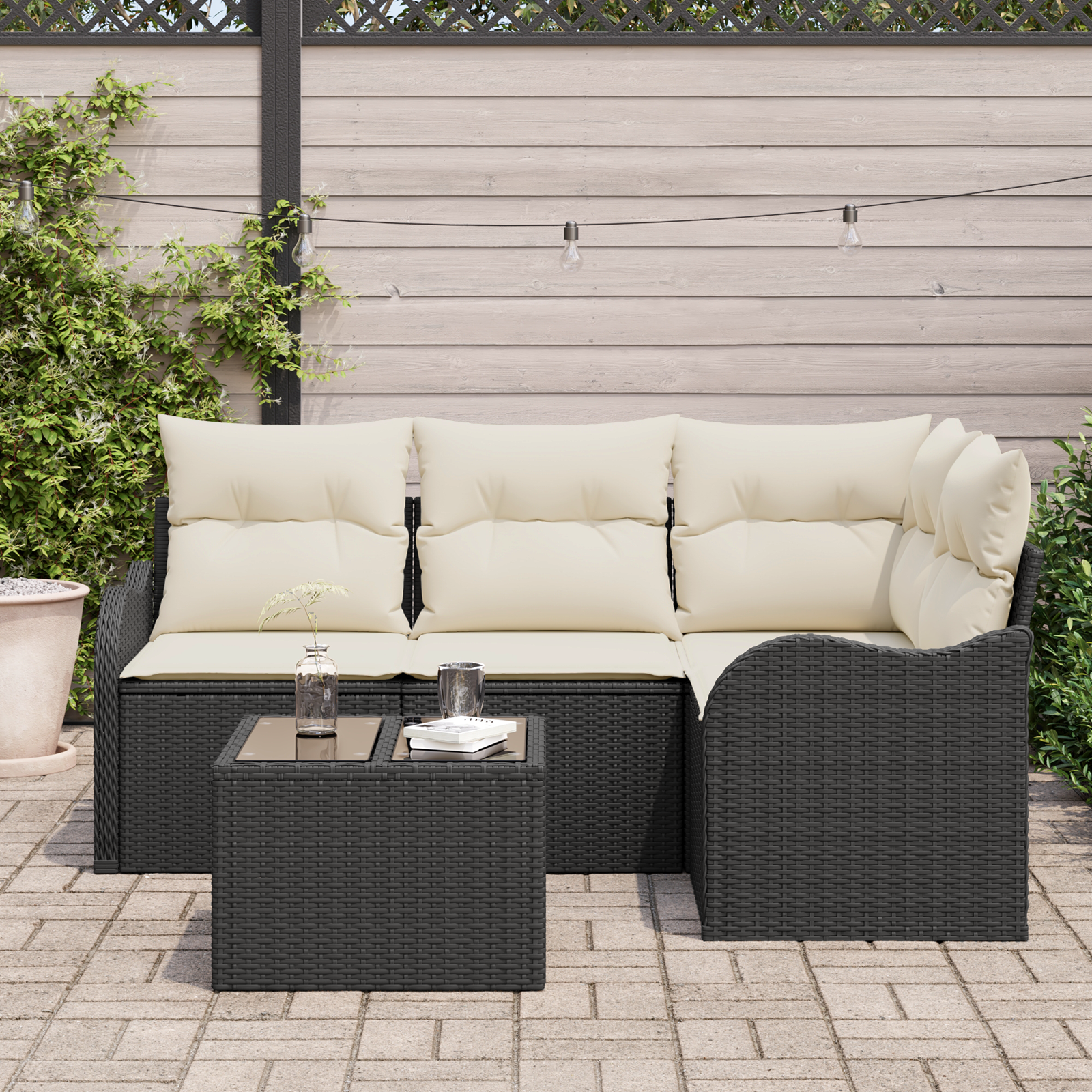 Set di divano da giardino  4 Pezzi con cuscini Vimini marrone