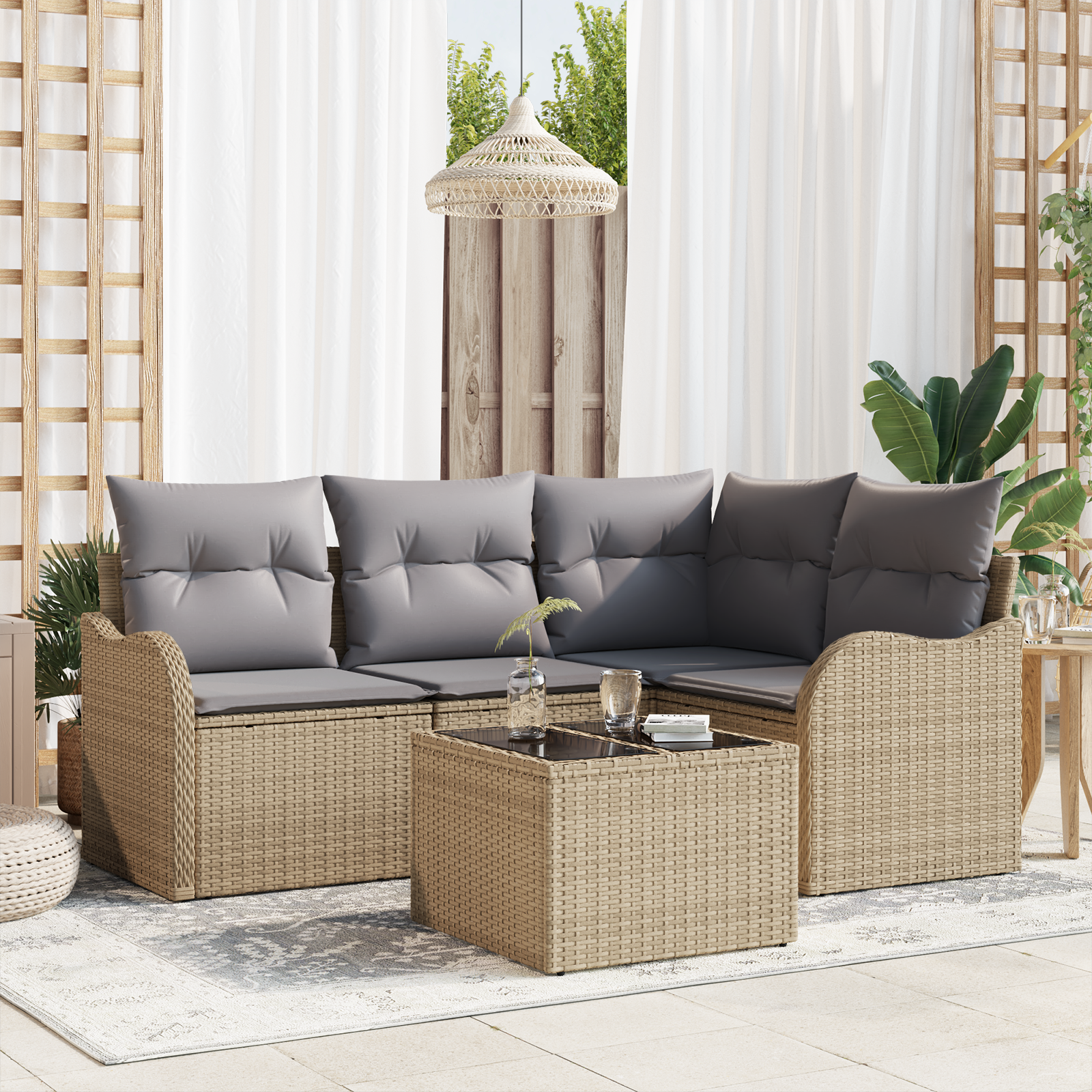 Set di divano da giardino  5 pezzi con cuscini in polyrattan nero