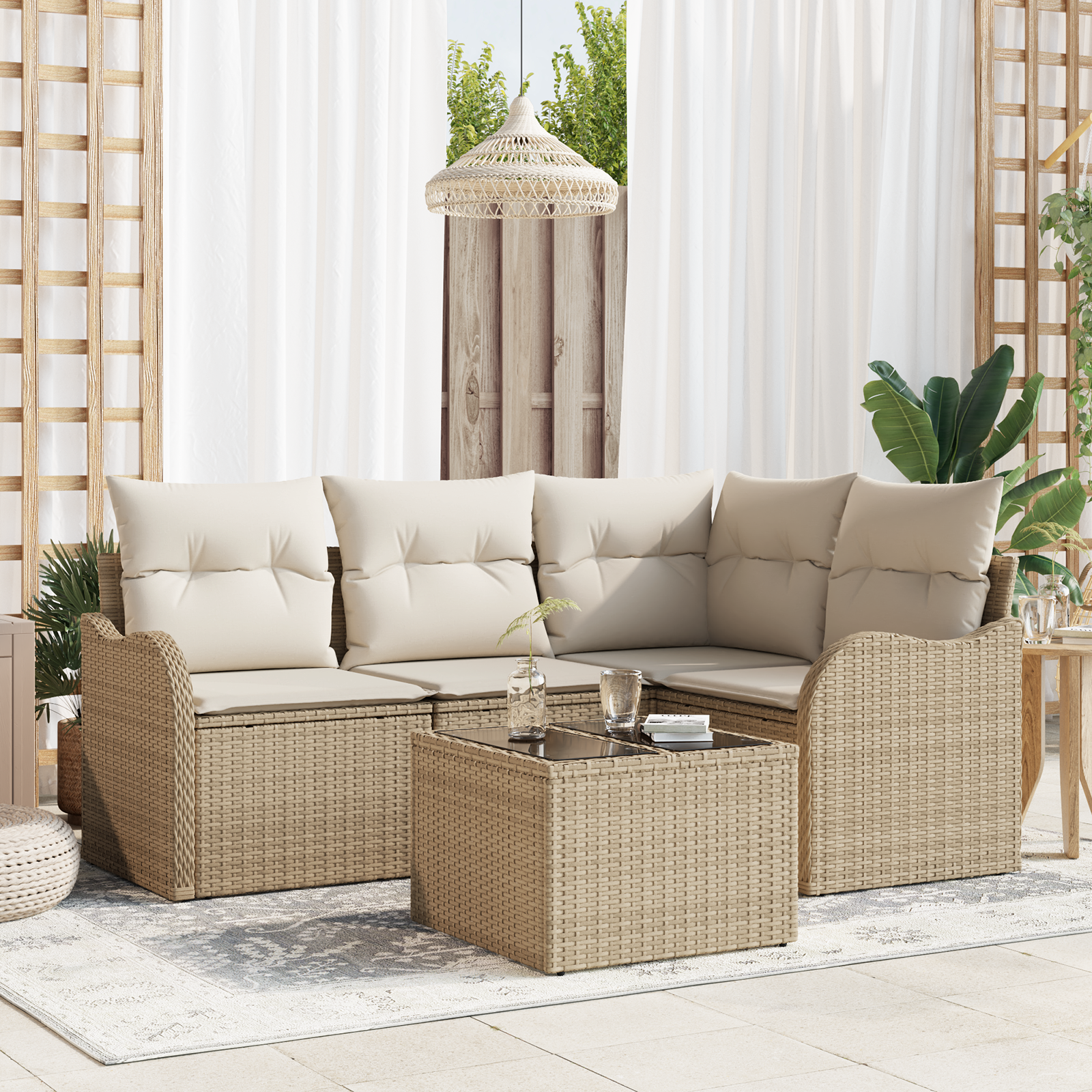 Set di divani da giardino  5 pezzi con cuscini in polyrattan marrone