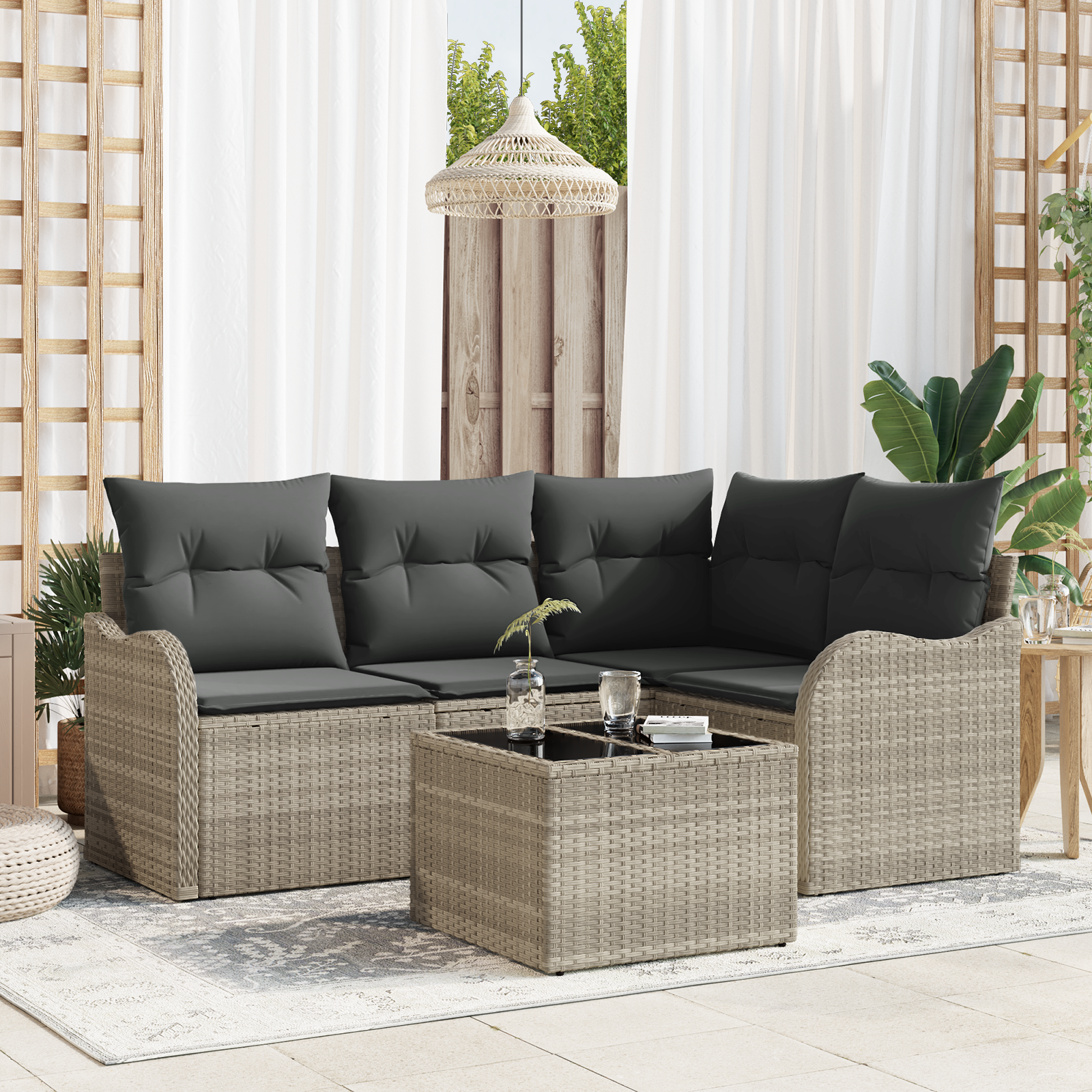 Set Divano da Giardino a 5 Pezzi con Cuscini Rattan Grigio Chiaro