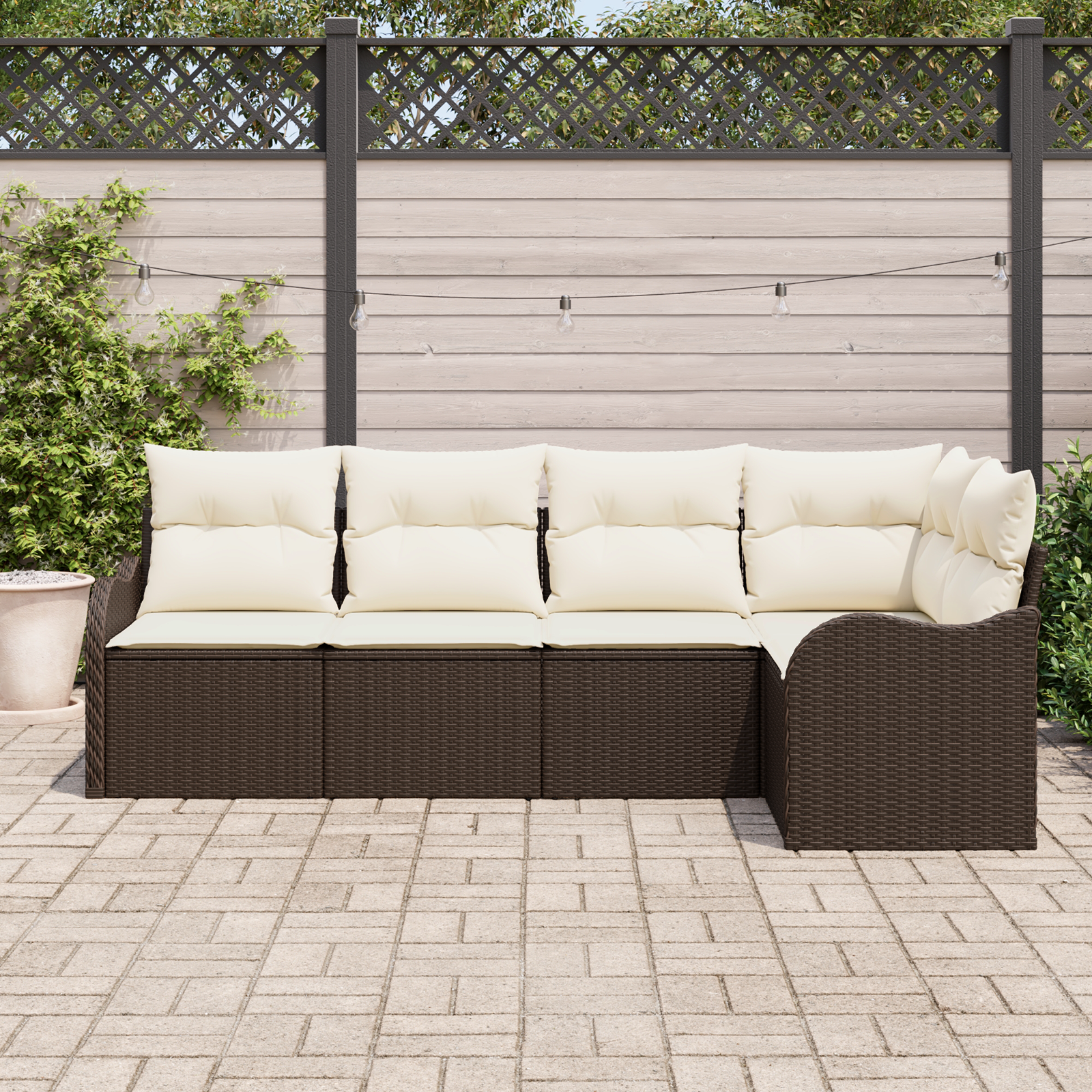 Set divano da giardino 5 pezzi con cuscini in rattan poliestere marrone