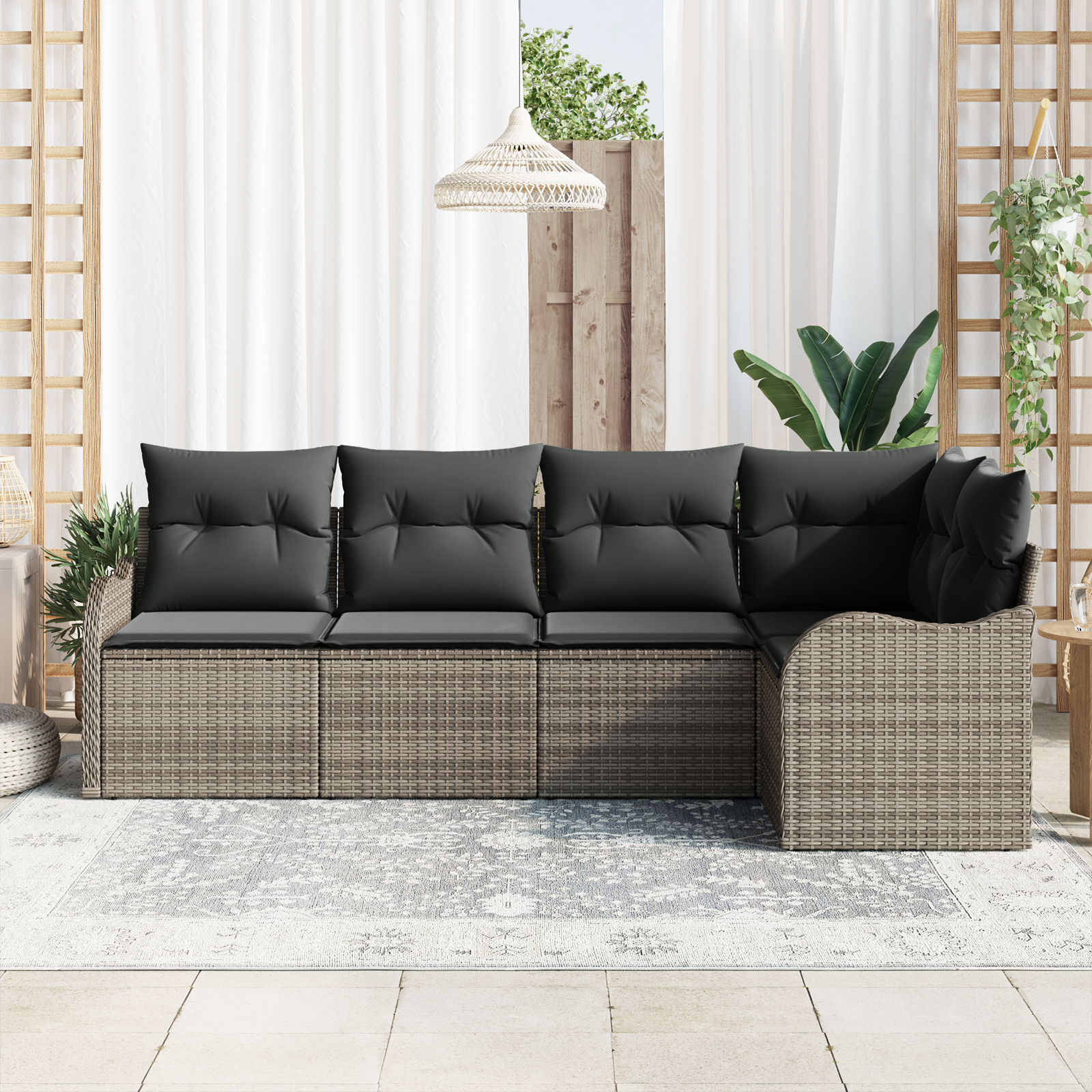 Set di divani da giardino  da 5 pezzi con cuscini in rattan polimerico grigio