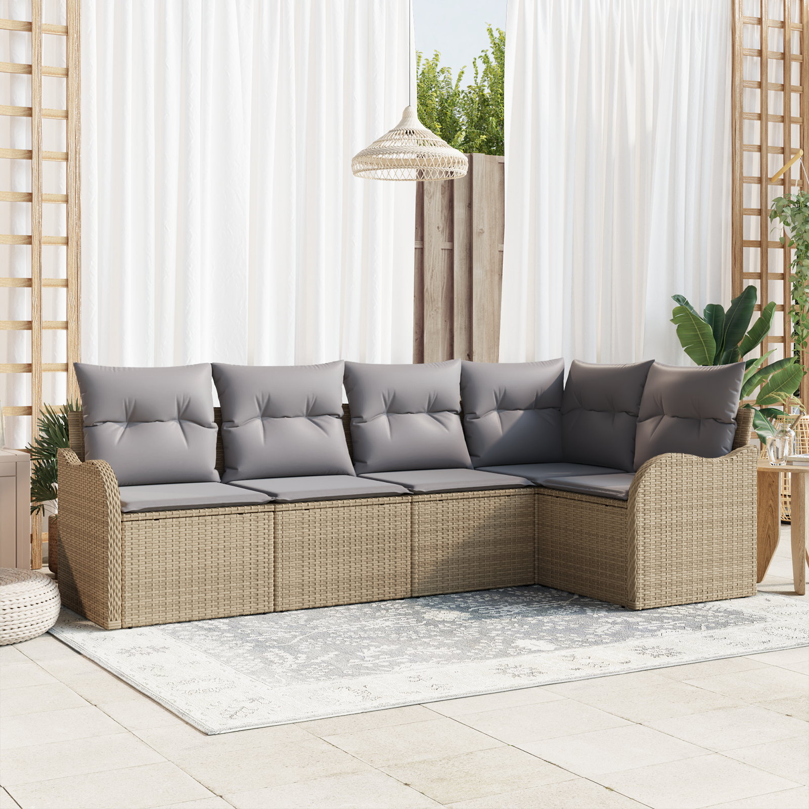 Set di Divani da Giardino  5 Pezzi con Cuscini Beige Rattan Sintetico