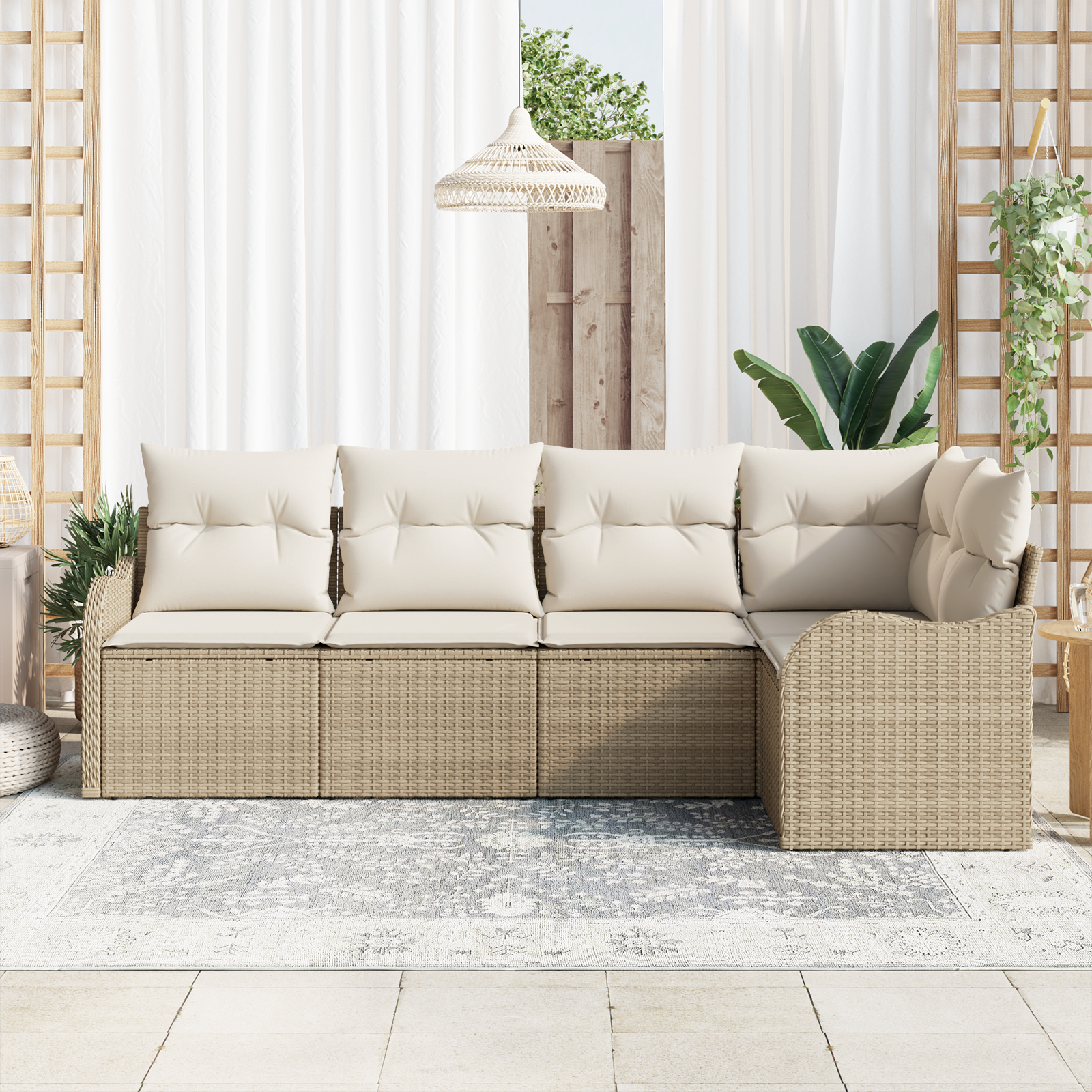 Set Divano da Giardino in 5 Pezzi con Cuscini in Rattan Polyrattan Beige