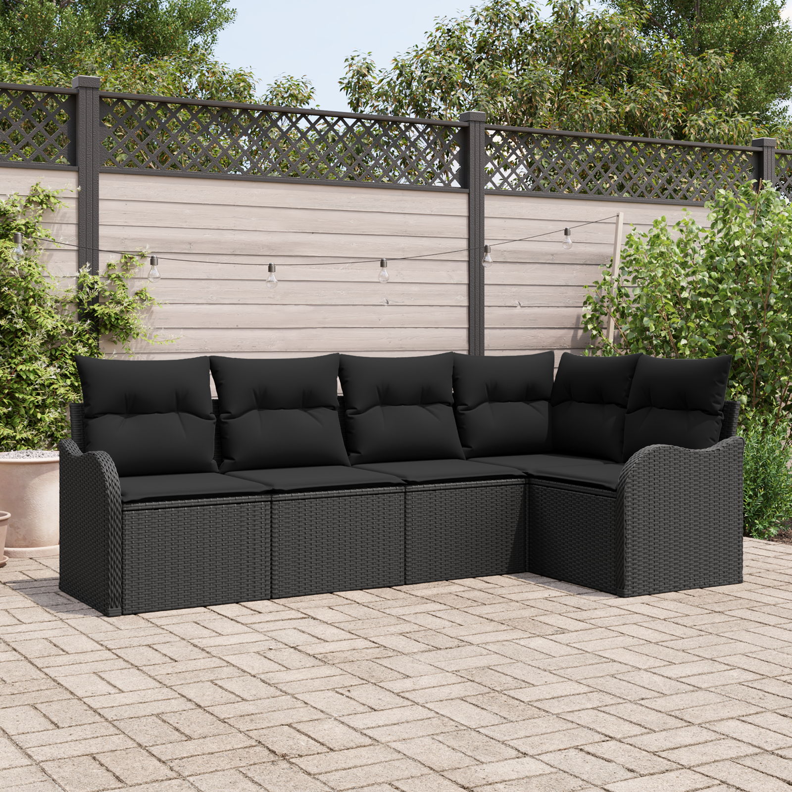 Set Divano da Giardino a 5 Pezzi con Cuscini in Rattan Polimerico Nero
