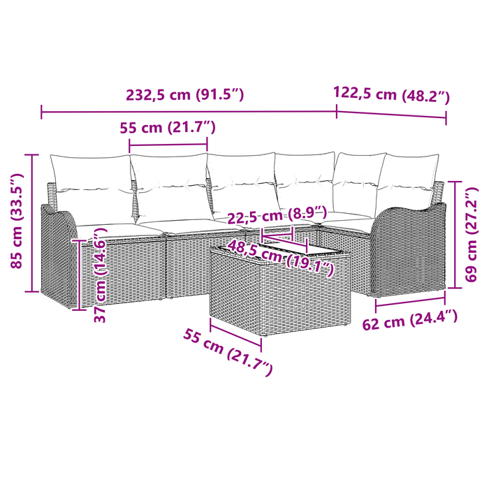 Set divano giardino 6 pezzi con cuscini polyrattan beige