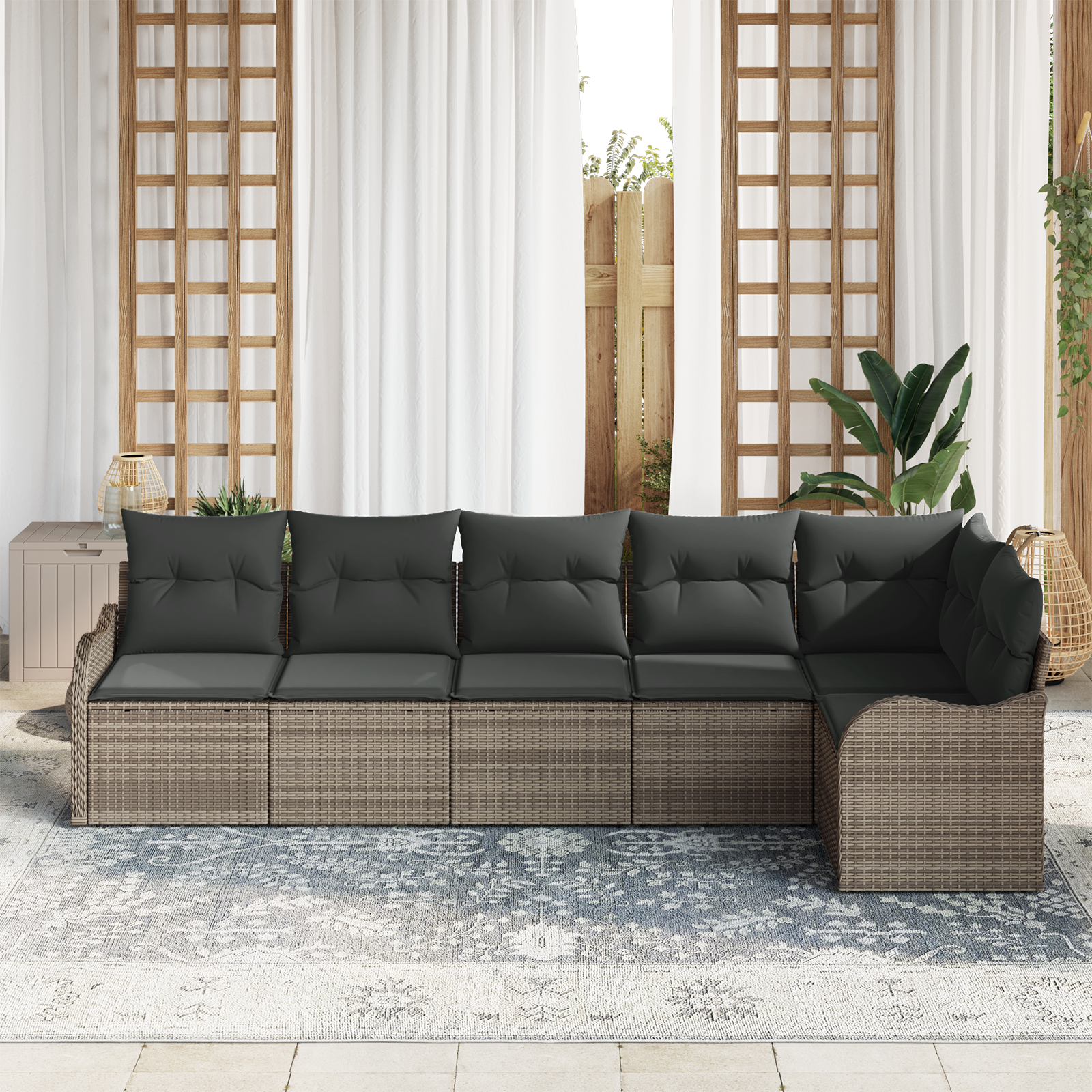 Set Divano da Giardino a 6 Pezzi con Cuscini Grigio Polyrattan