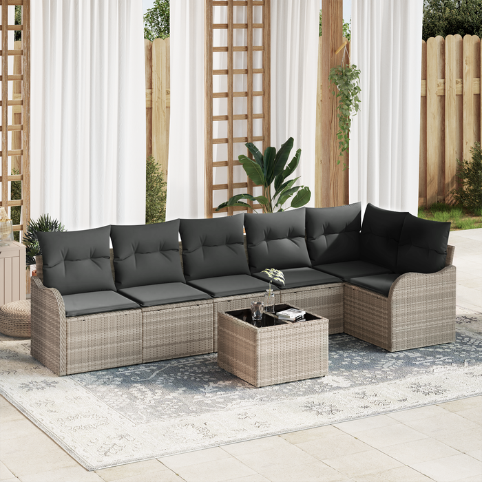 Set Divano da Giardino a 7 Pezzi con Cuscini Grigio Polyrattan