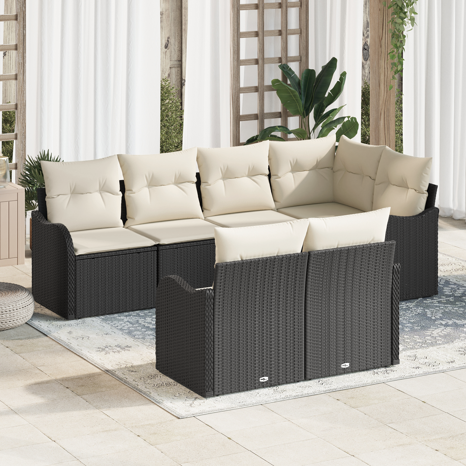 Set Divano da Giardino 7 Pezzi con Cuscini Nero Polyrattan