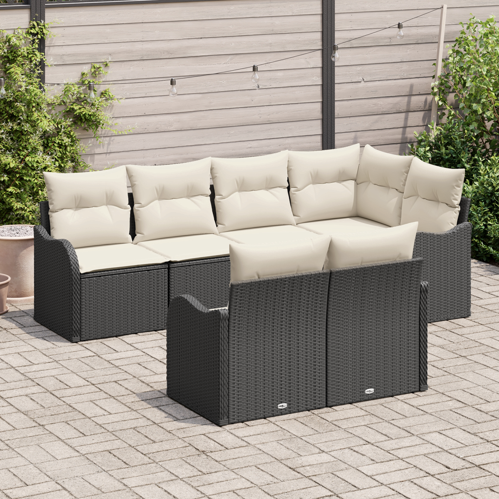 Set Divano da Giardino 7 Pezzi con Cuscini Nero Polyrattan