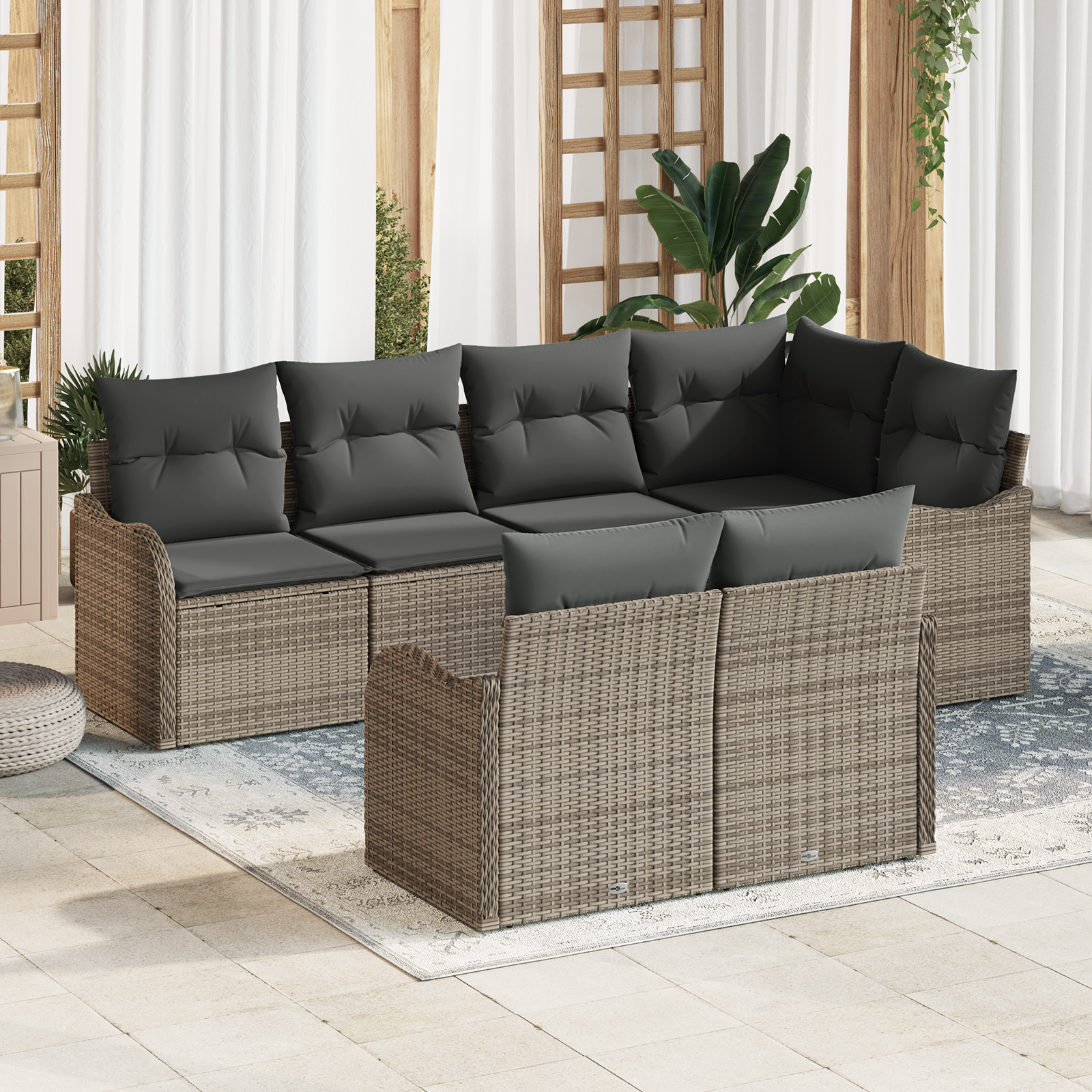 Set di Divani da Giardino  7 Pezzi con Cuscini Grigio Rattan Poli