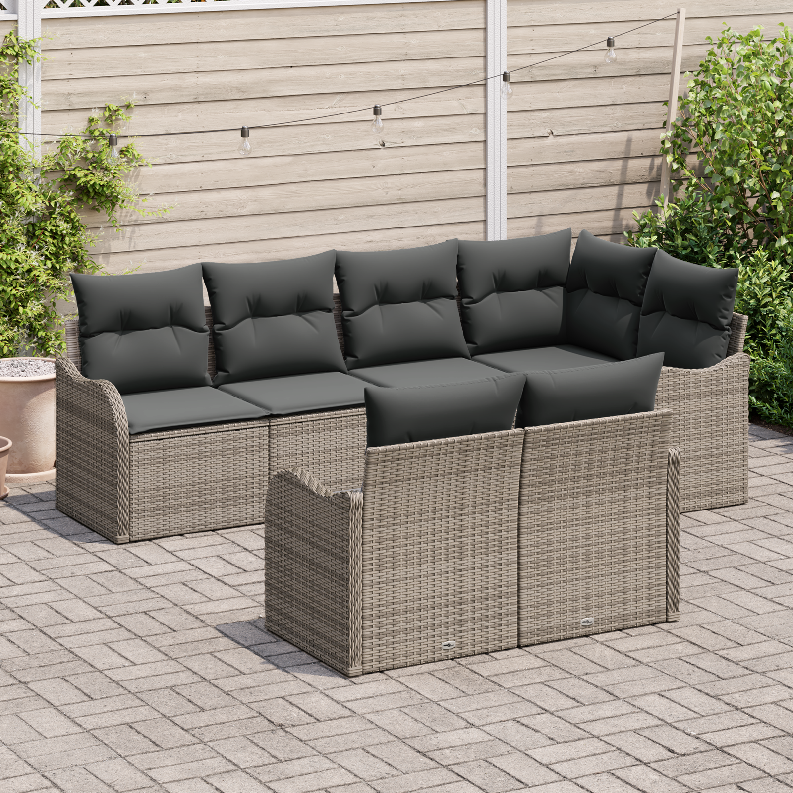 Set di Divani da Giardino  7 Pezzi con Cuscini Grigio Rattan Poli