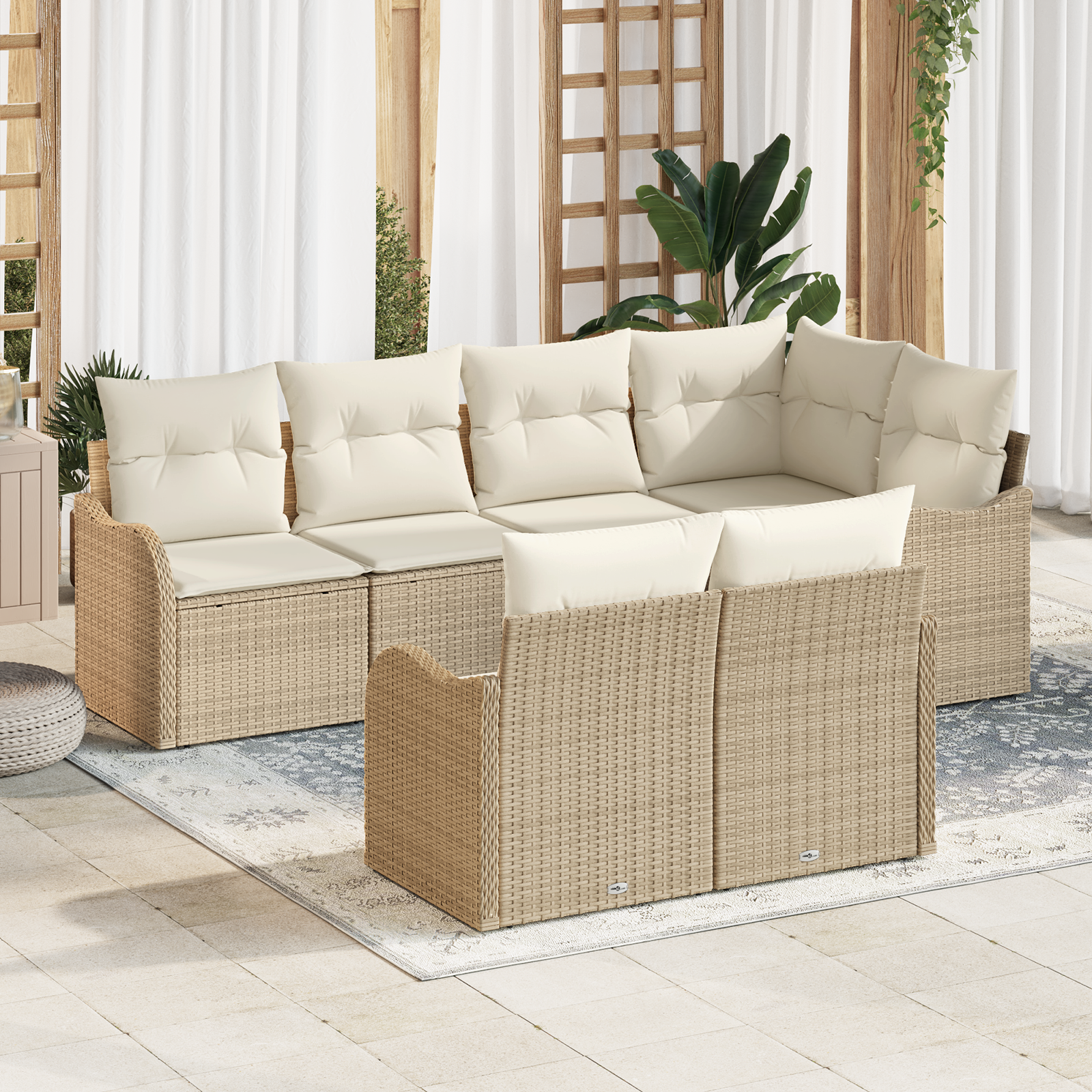 Set Divano da Giardino  7 Pezzi con Cuscini Beige Polyrattan