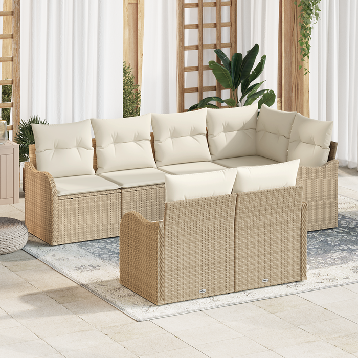 Set Divano da Giardino  7 Pezzi con Cuscini Beige Polyrattan