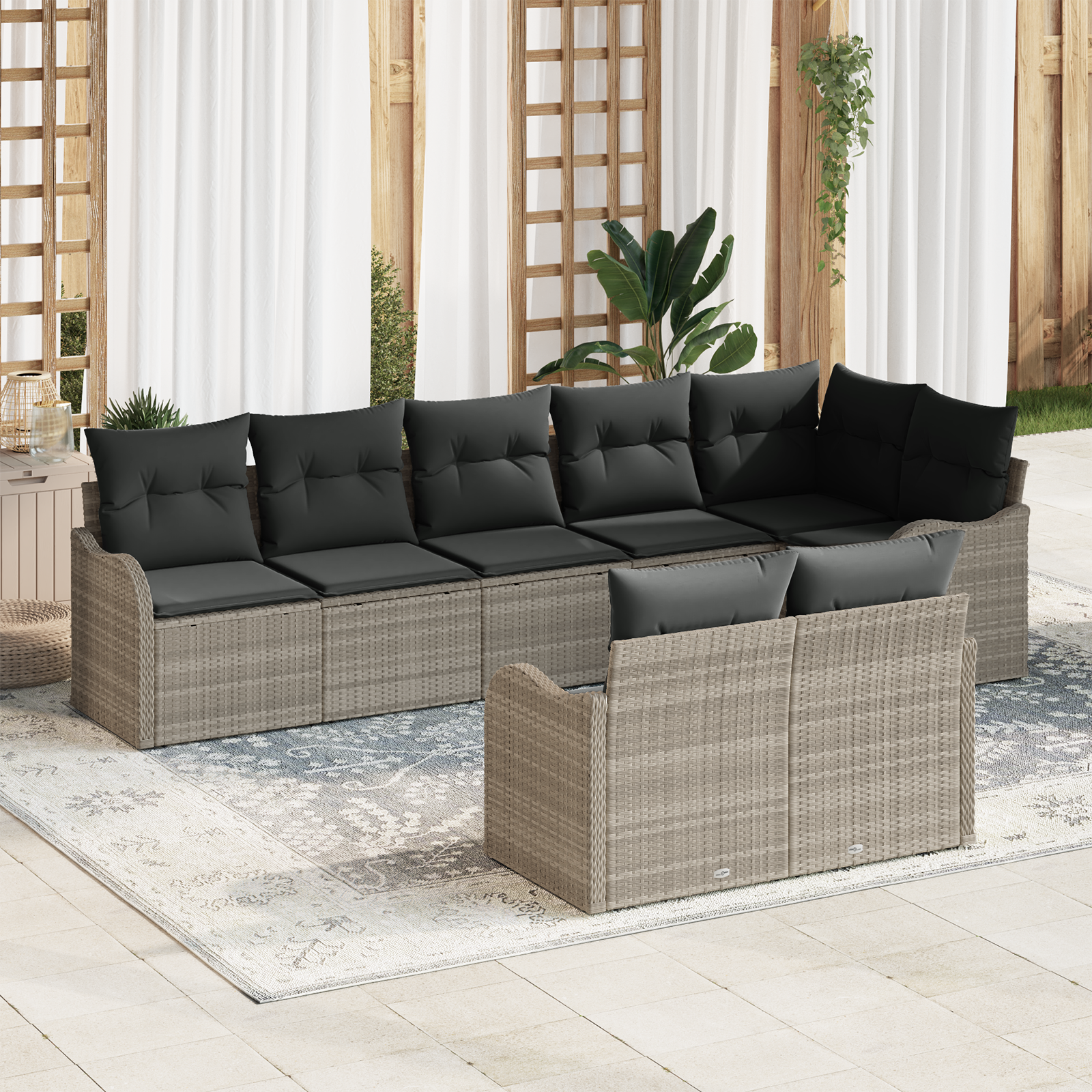 Set Divano da Giardino in 8 Pezzi con Cuscini Grigio Chiaro Rattan Sintetico