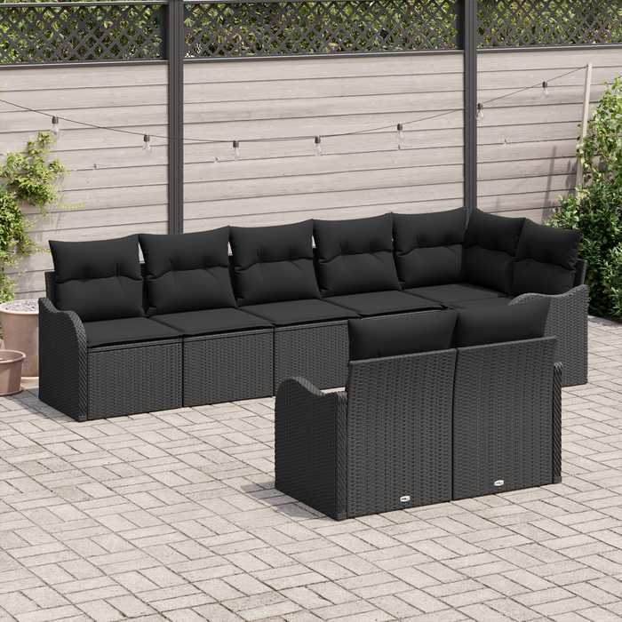 Set di divani da giardino a 8 pezzi con cuscini in polyrattan nero