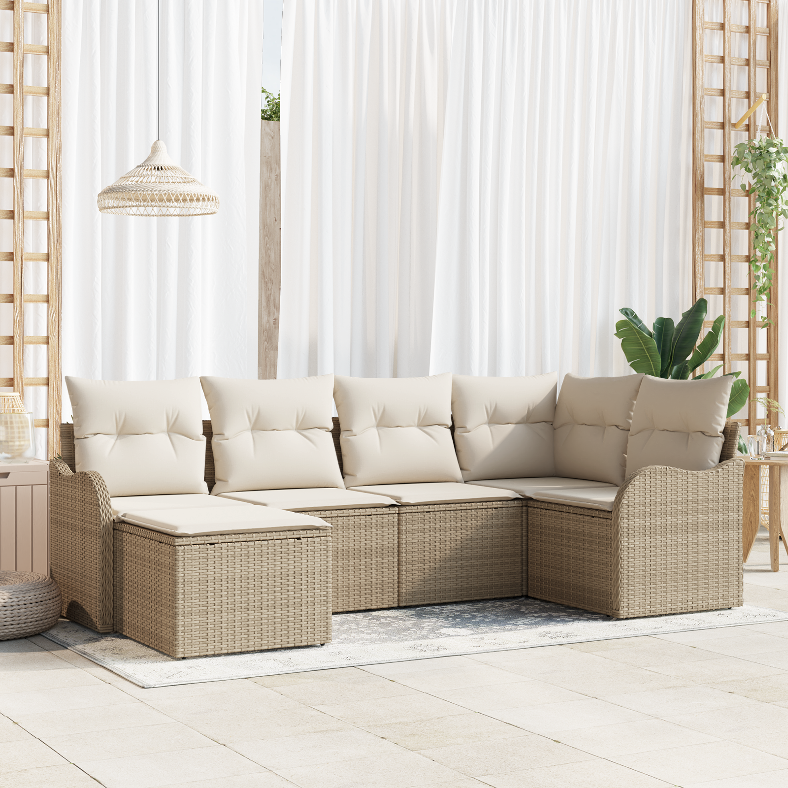 Set di Divani da Giardino 6 Pezzi con Cuscini Beige in Polyrattan