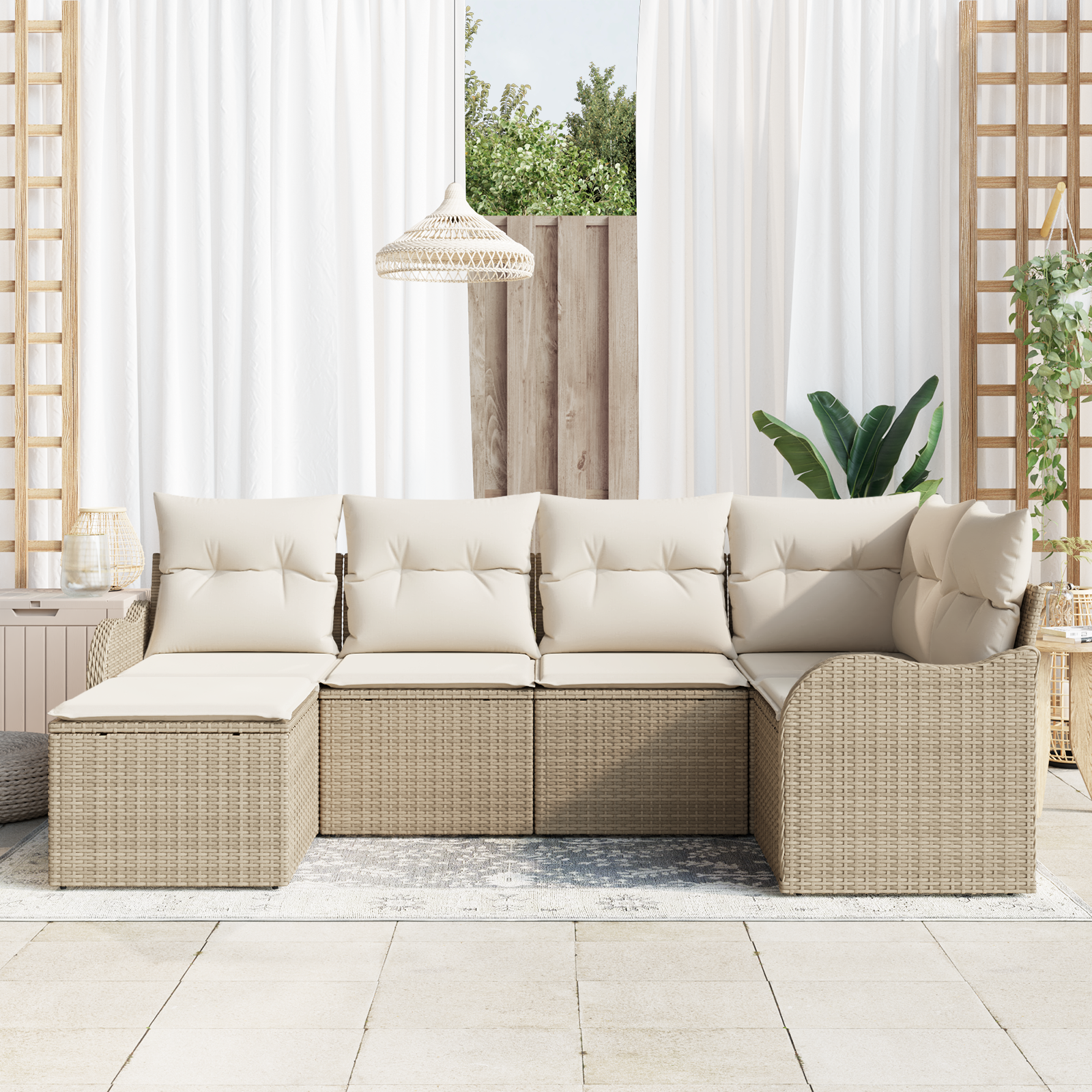 Set di Divani da Giardino 6 Pezzi con Cuscini Beige in Polyrattan