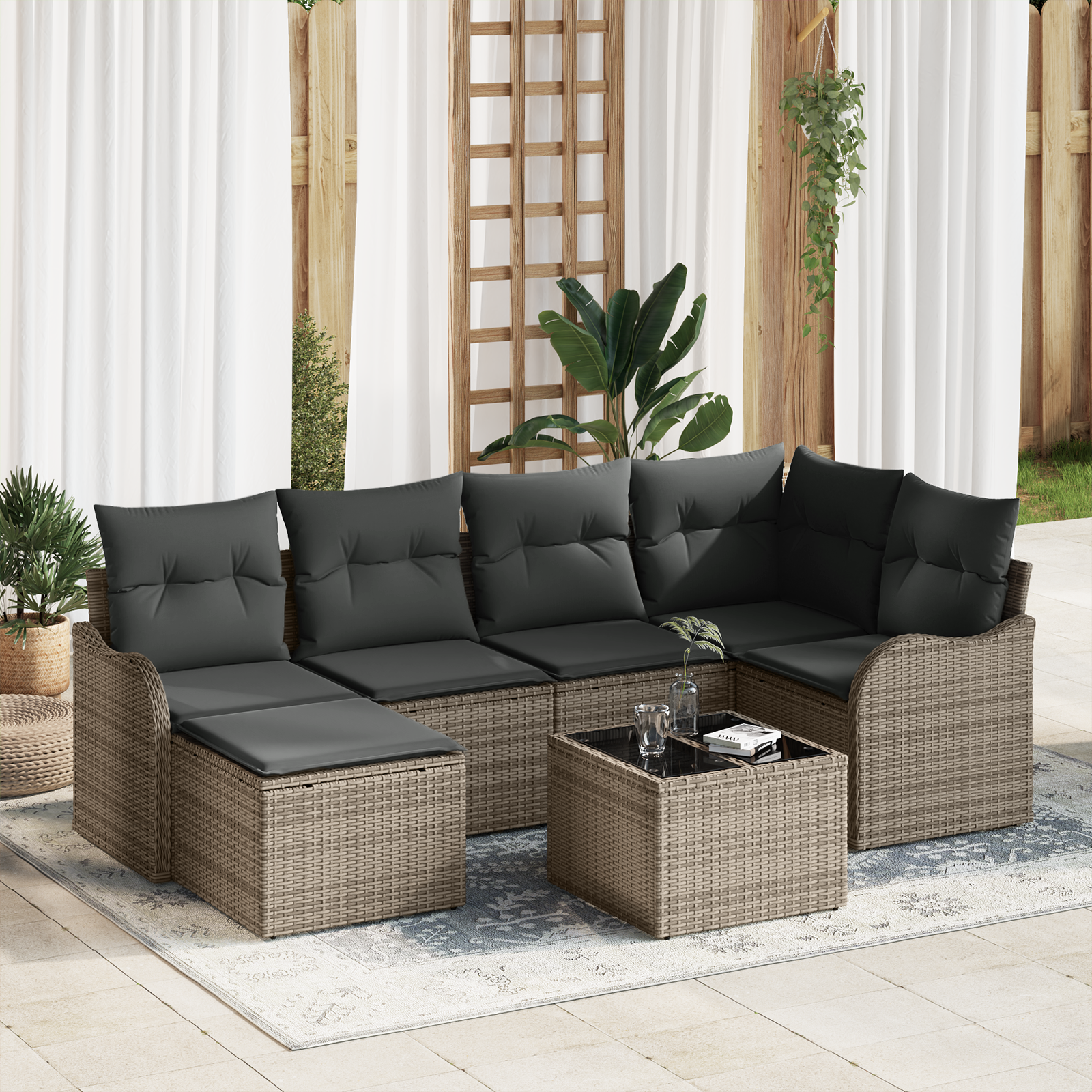 Set Divano da Giardino 6 Pezzi con Cuscini Rattan Sintetico Nero