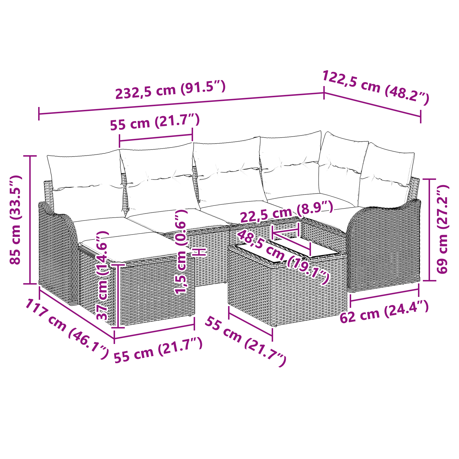 Set Divano da Giardino 6 Pezzi con Cuscini Rattan Sintetico Nero