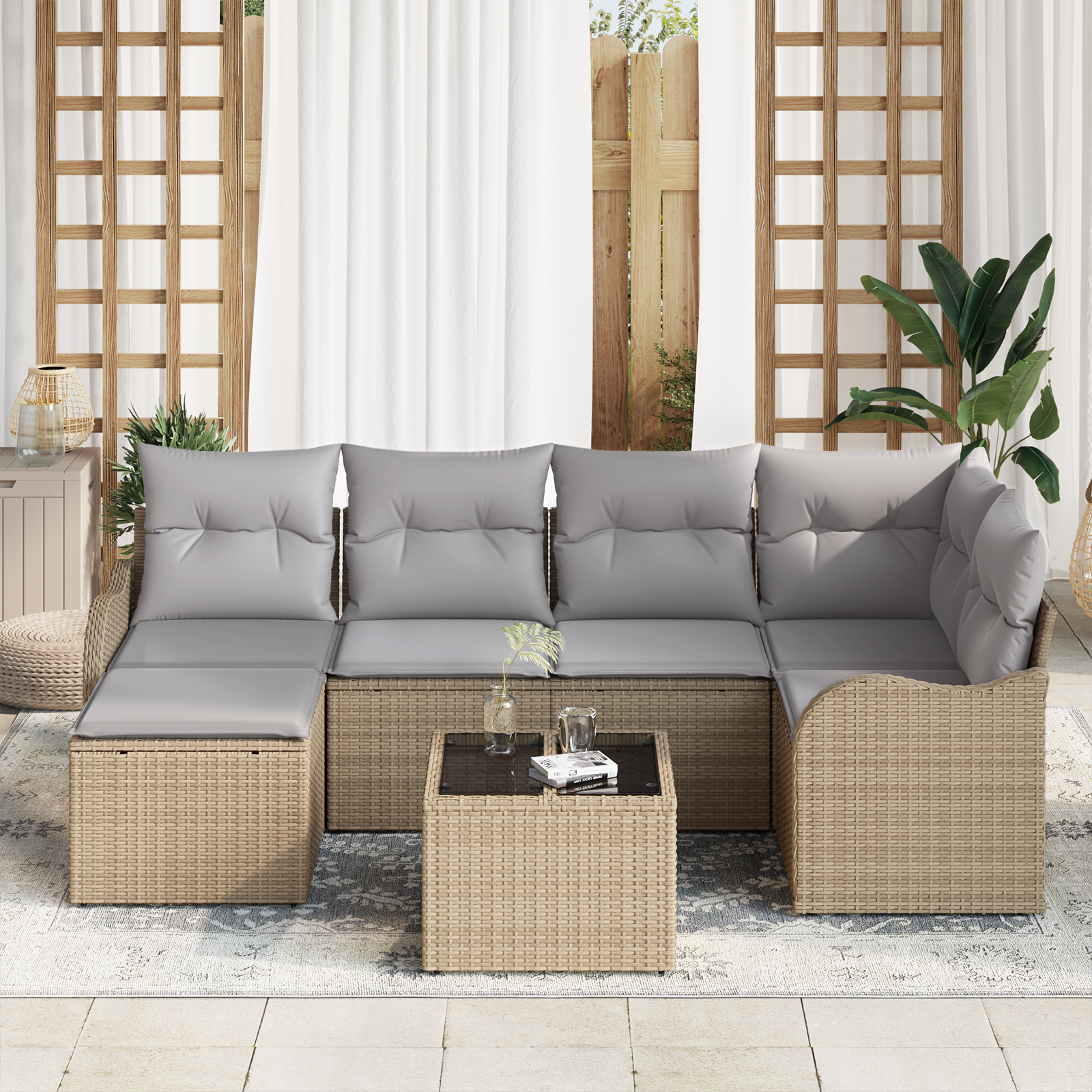 Set Divano da Giardino 7 Pezzi con Cuscini Rattan Poliestere Nero