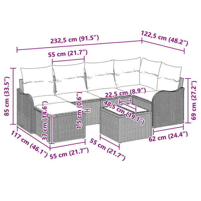 Set Divano da Giardino 7 Pezzi con Cuscini Rattan Poliestere Nero