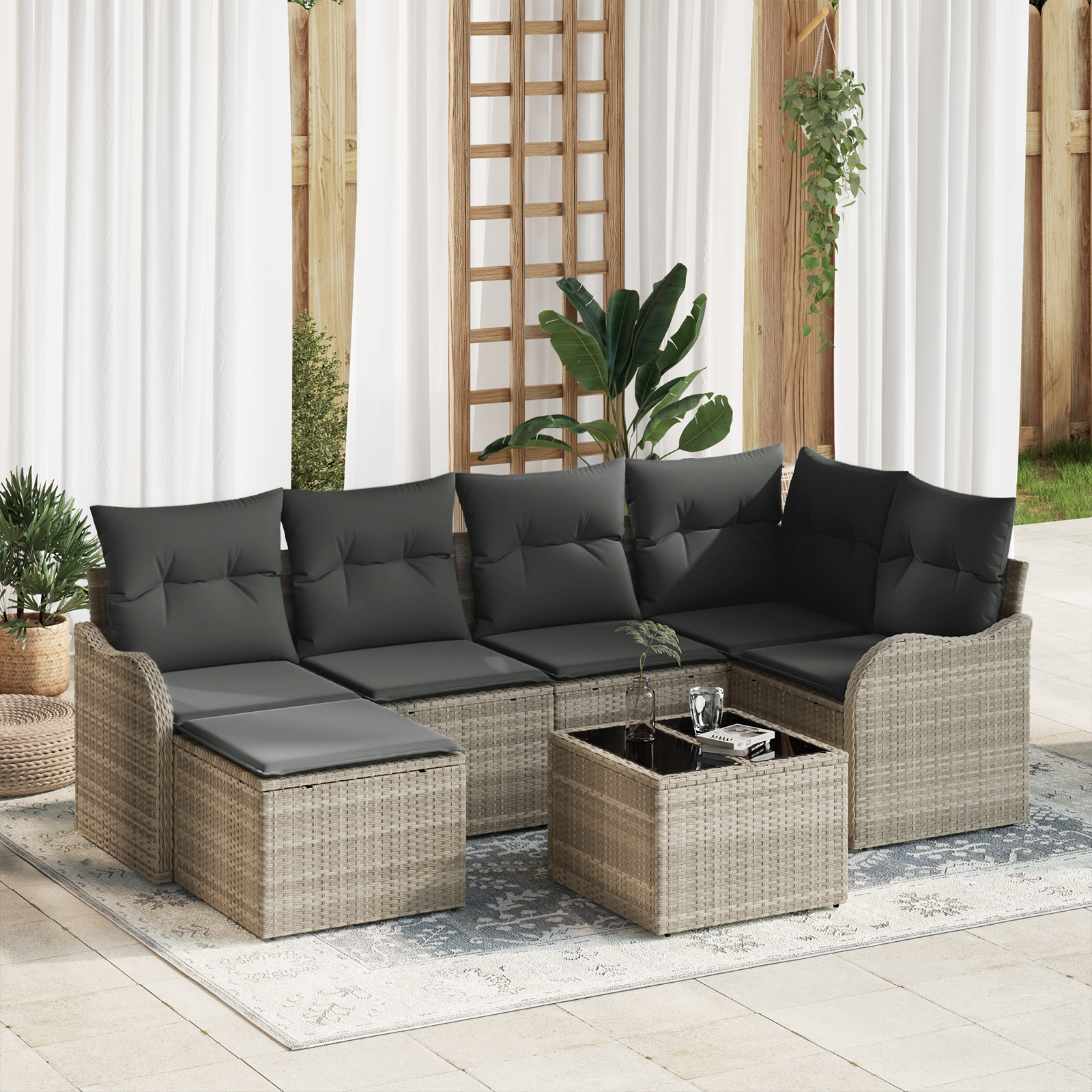 Set di divani da giardino 7 pezzi con cuscini grigio rattan sintetico