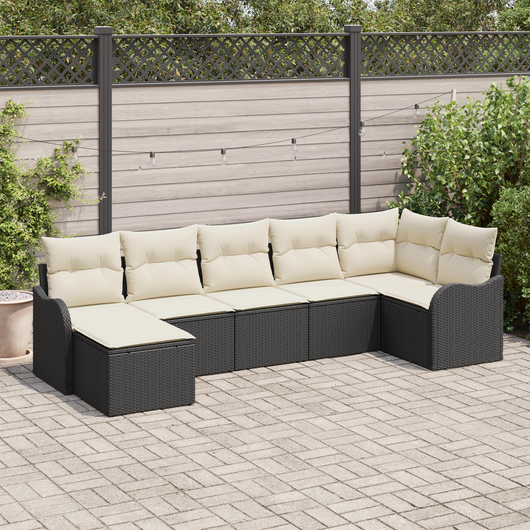 Set Divano da Giardino  7 Pezzi con Cuscini Polyrattan Nero