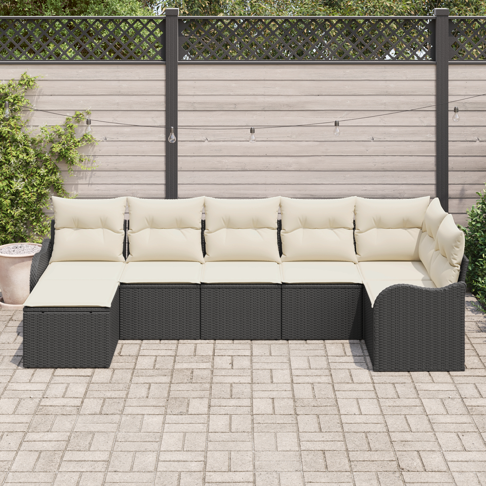 Set Divano da Giardino  7 Pezzi con Cuscini Polyrattan Nero