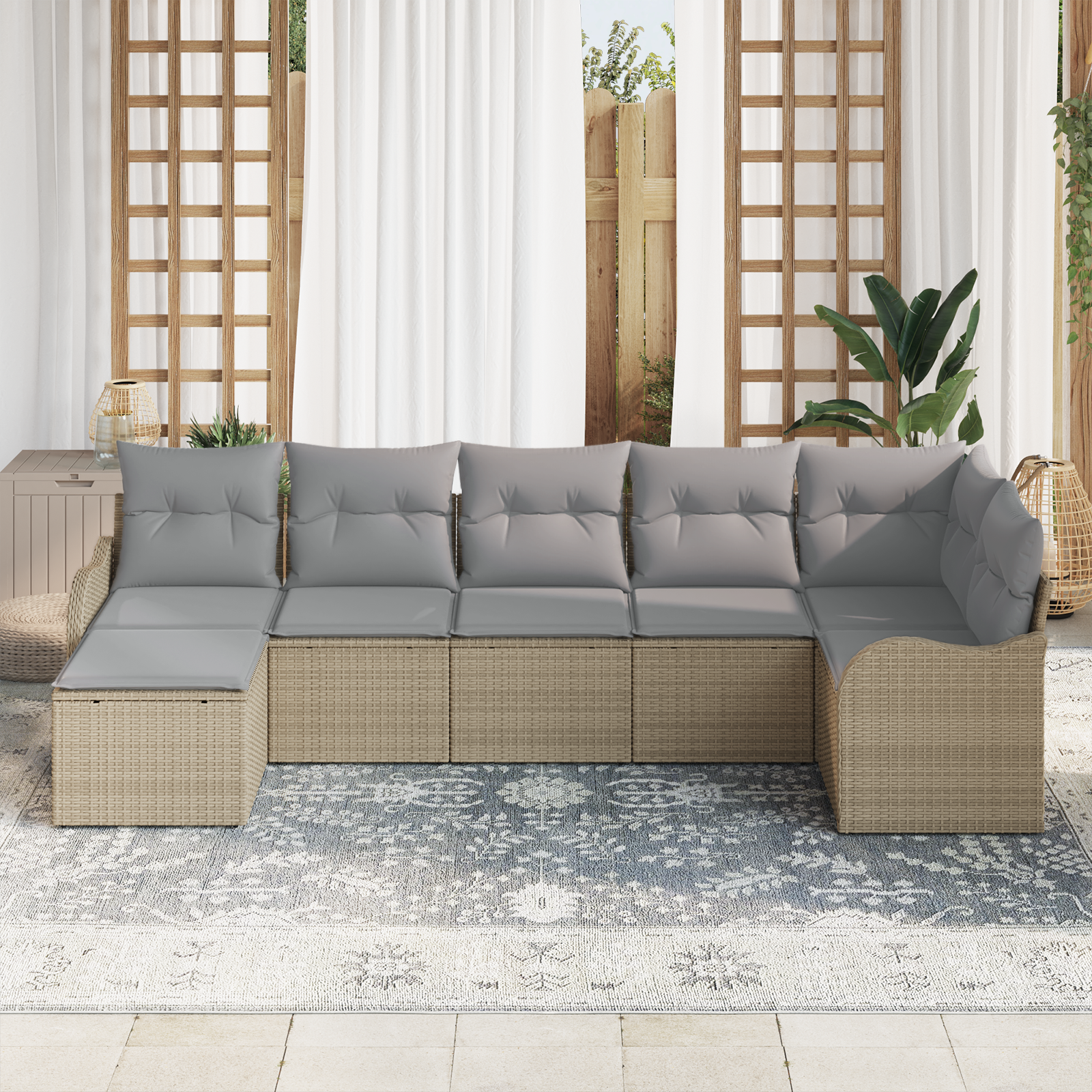 Set Divano da Giardino 7 Pezzi con Cuscini Beige Rattan Sintetico