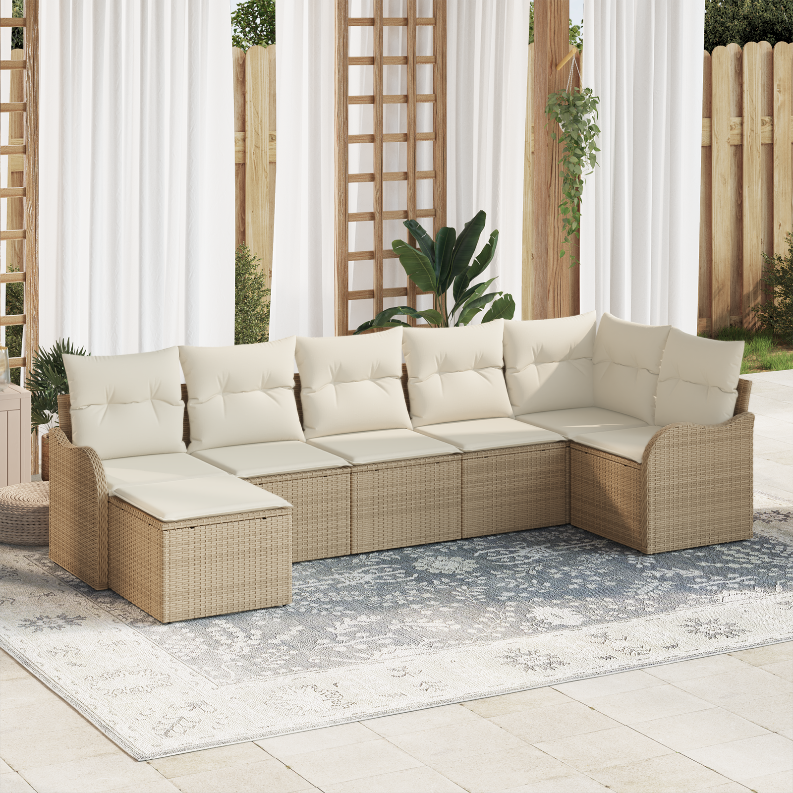 Set Divano da Giardino  7 Pezzi con Cuscini Beige Rattan Sintetico