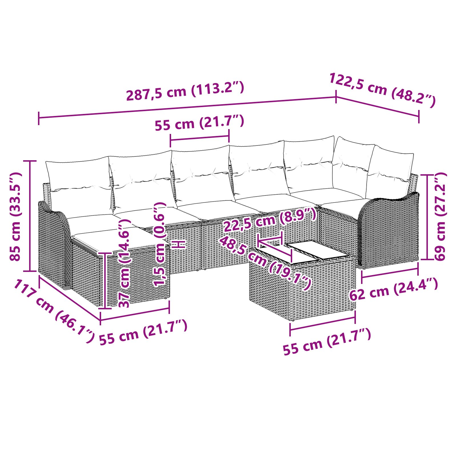 Set di divani da giardino 8 Pezzi con cuscini Neri in Poly Rattan