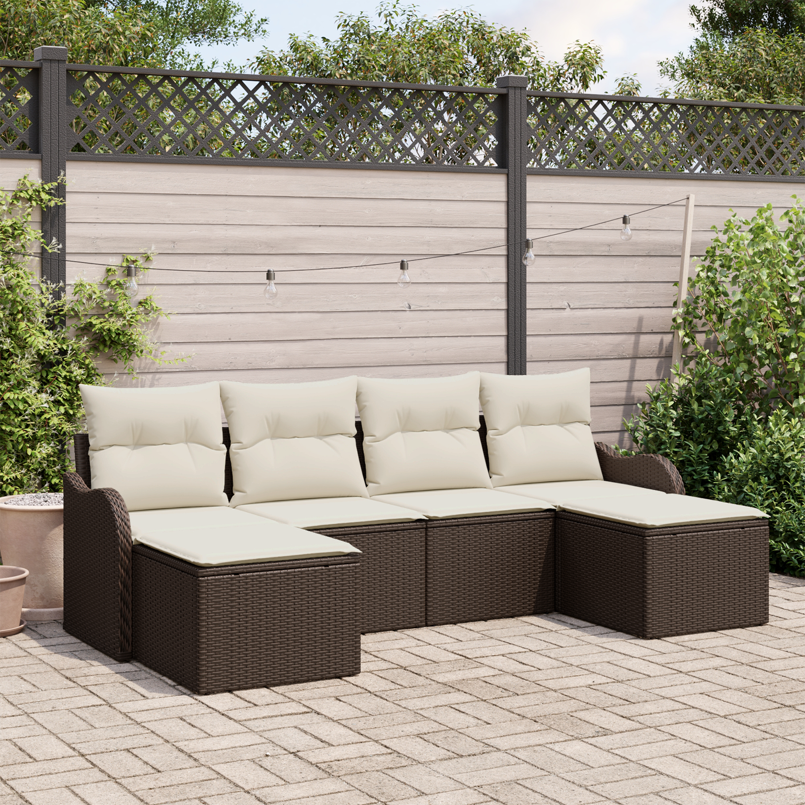 Set di divano da giardino 6 pezzi con cuscini marrone in poly rattan