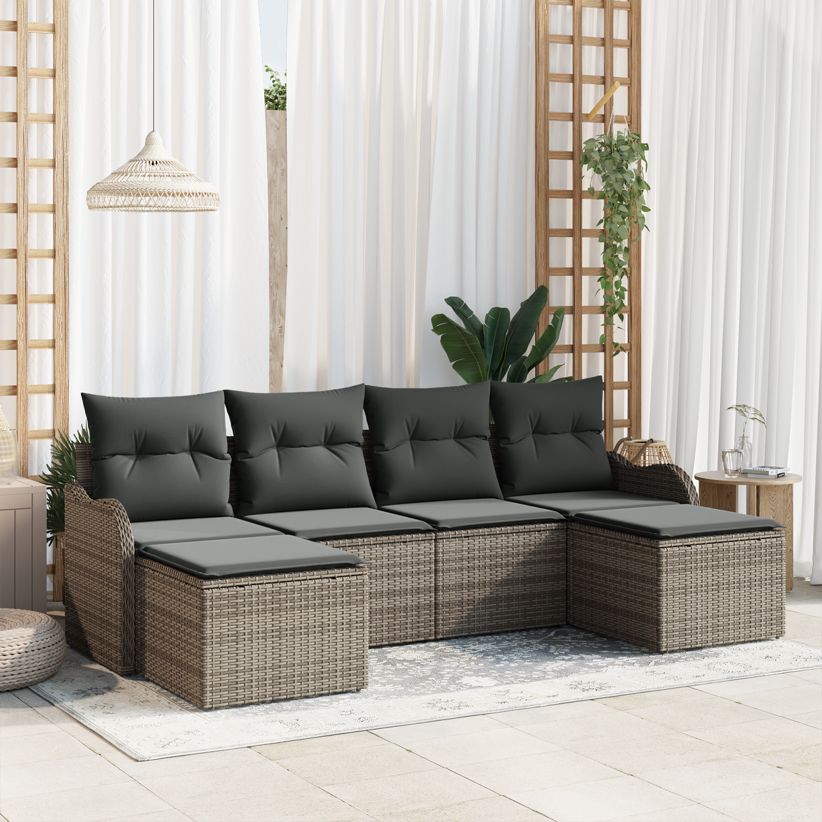 Set Divano Giardino 6 Pezzi con Cuscini Grigio Rattan Poly