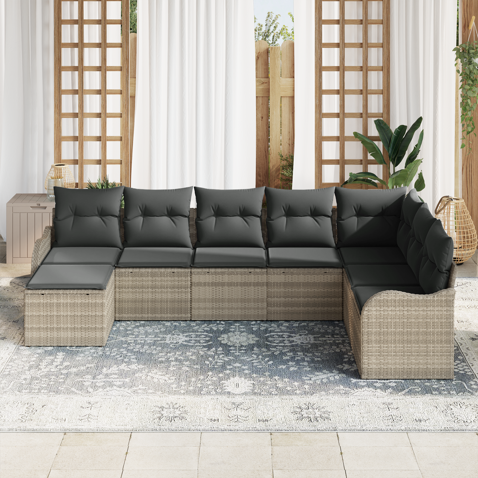 Set Divano da Giardino  8 Pezzi con Cuscini Grigio Chiaro Polyrattan