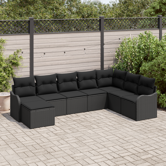 Set Divano da Giardino  8 Pezzi con Cuscini Nero Rattan Poliestere
