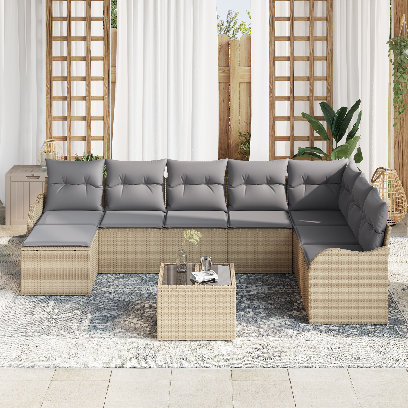 Set Divano Giardino 9 Pezzi con Cuscini Rattan Nero in Polyrattan
