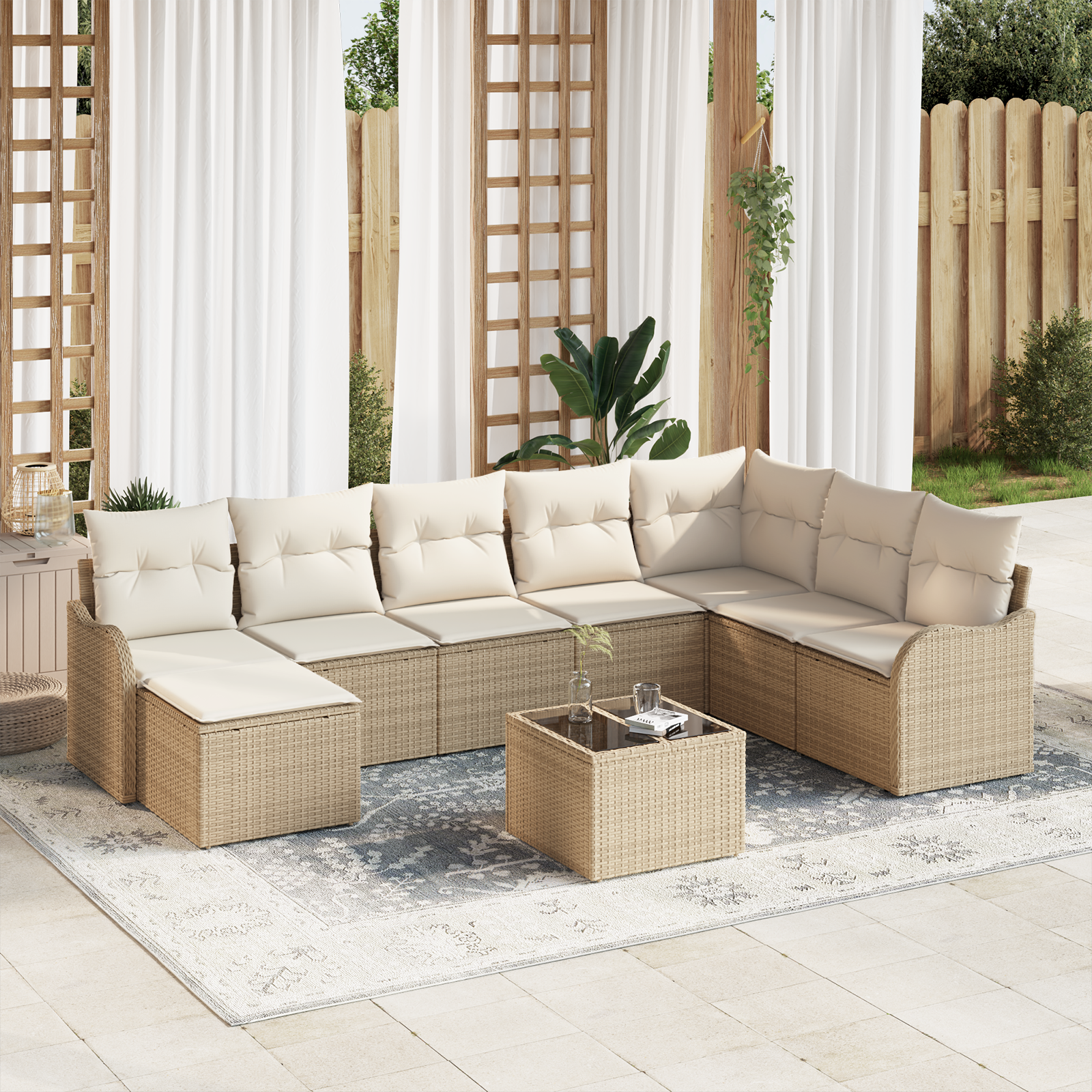 Set divano da giardino 9 pezzi con cuscini marroni polyrattan