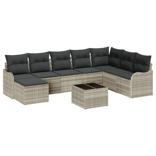 Set divano giardino  9 pezzi con cuscini grigio polirattan