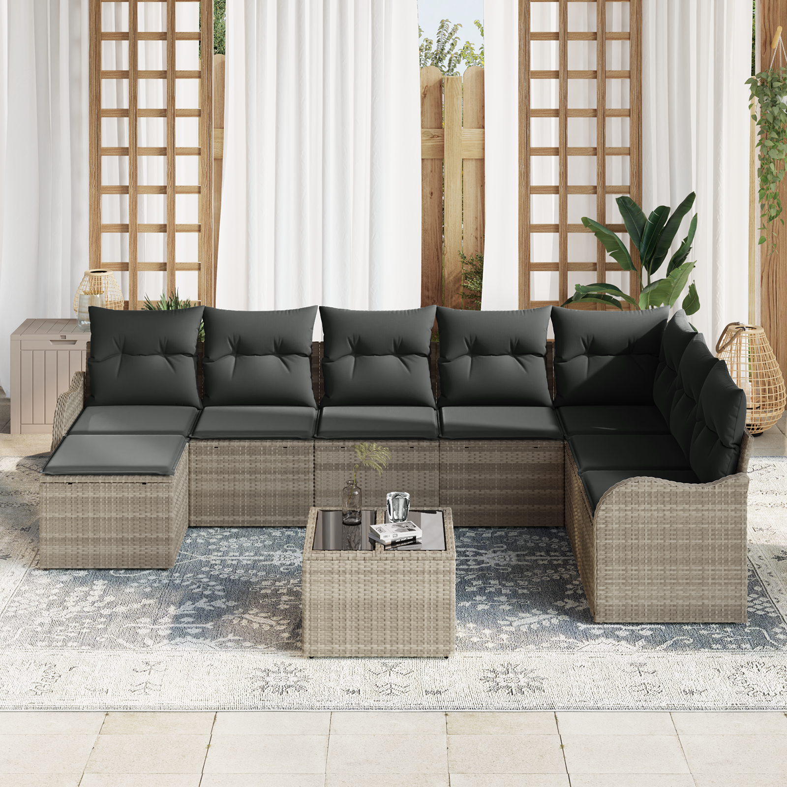 Set divano giardino  9 pezzi con cuscini grigio polirattan