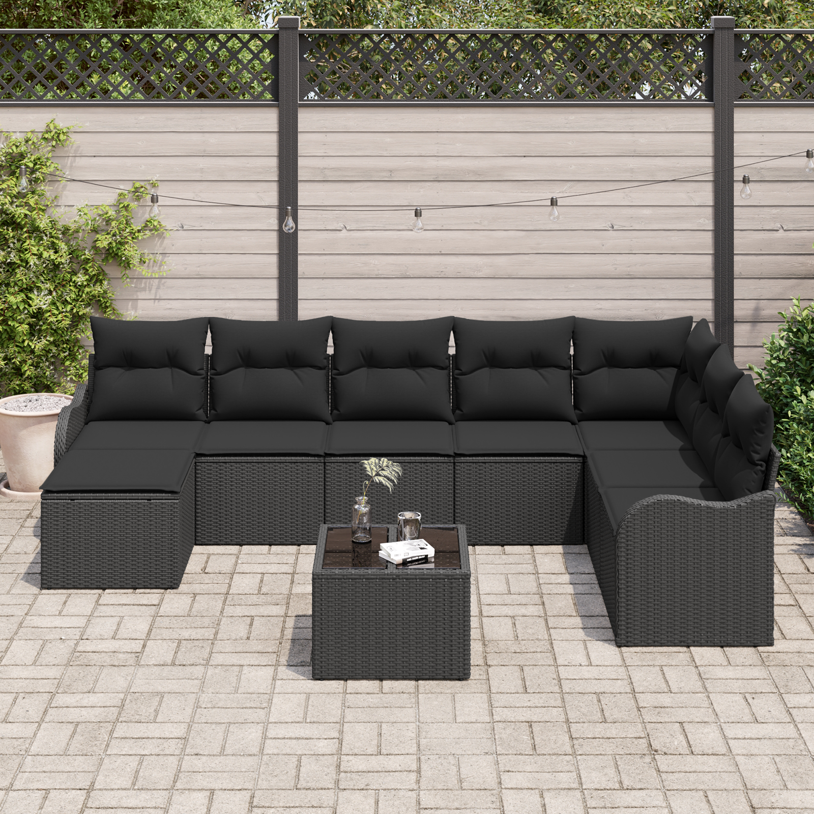 Set divano da giardino 9 pezzi con cuscini beige polyrattan