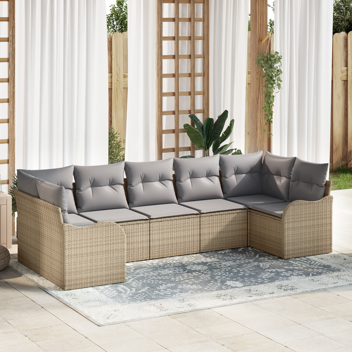 Set Divano da Giardino 7 Pezzi con Cuscini Beige Polyrattan